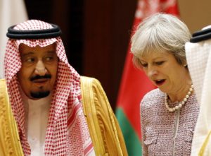 Saudi Arabia's King Salman bin Abdulaziz Al Saud welcomes British Prime Minister Theresa May in Riyadh, Saudi Arabia, April 5, 2017