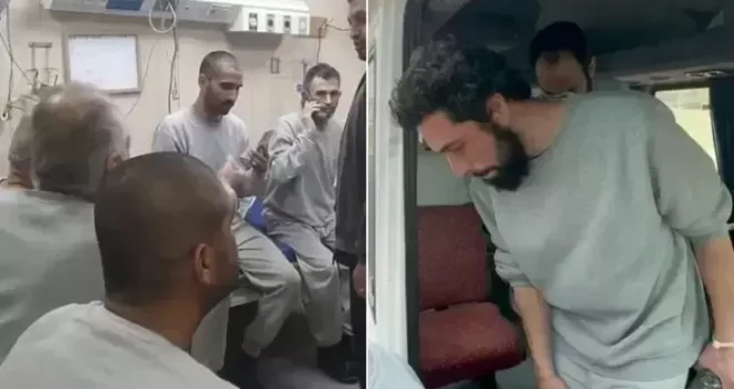 Five released Palestinian prisoners arrive at al-Aqsa martyrs hospital in Gaza